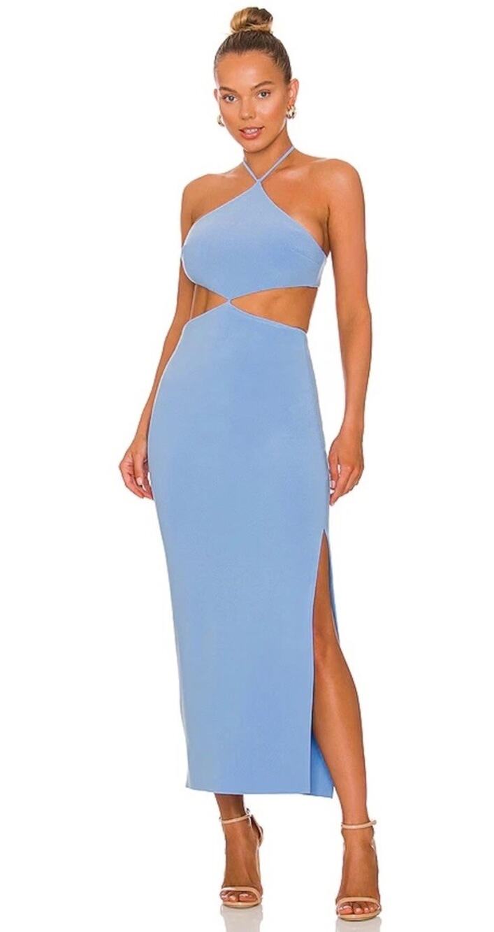 NWT BEC + BRIDGE Iris Halter Midi Dress Malibu Blue Cutout sz 2